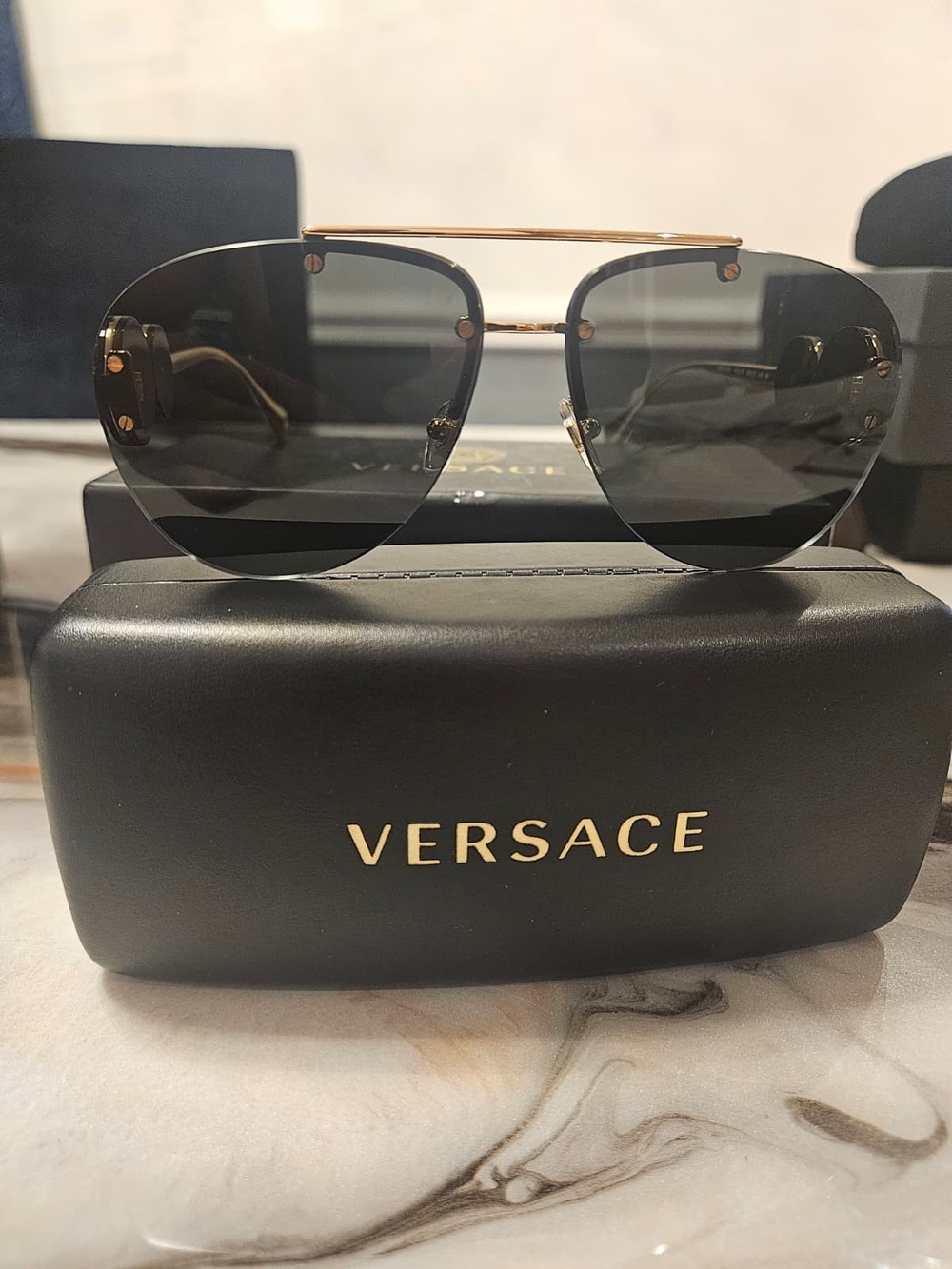 Versace Gold Frame Sunglasses with Black Lenses